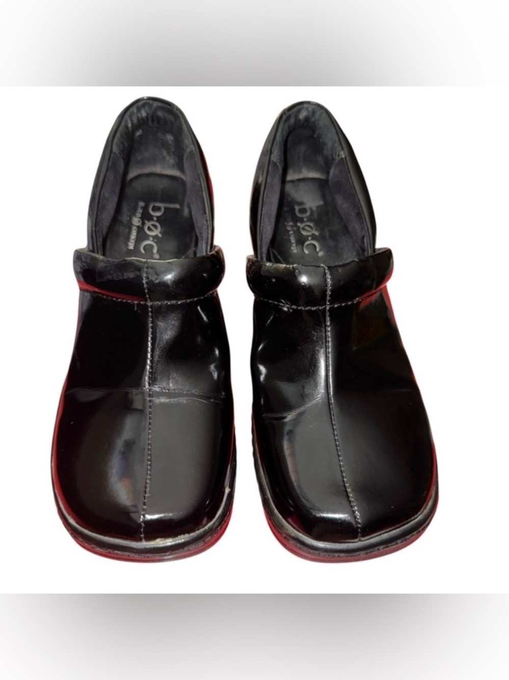 Born Concept casual slip-on clogs Women’s SZ 6 Black Patent Leather 2.5” Heel